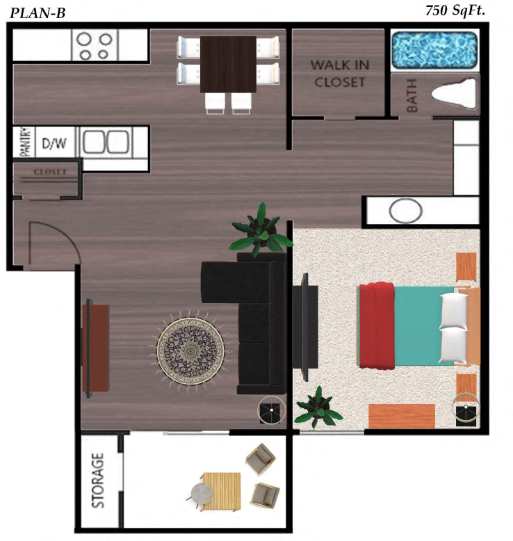Floor plan for 1 bed, 1 bath, 721 sqft